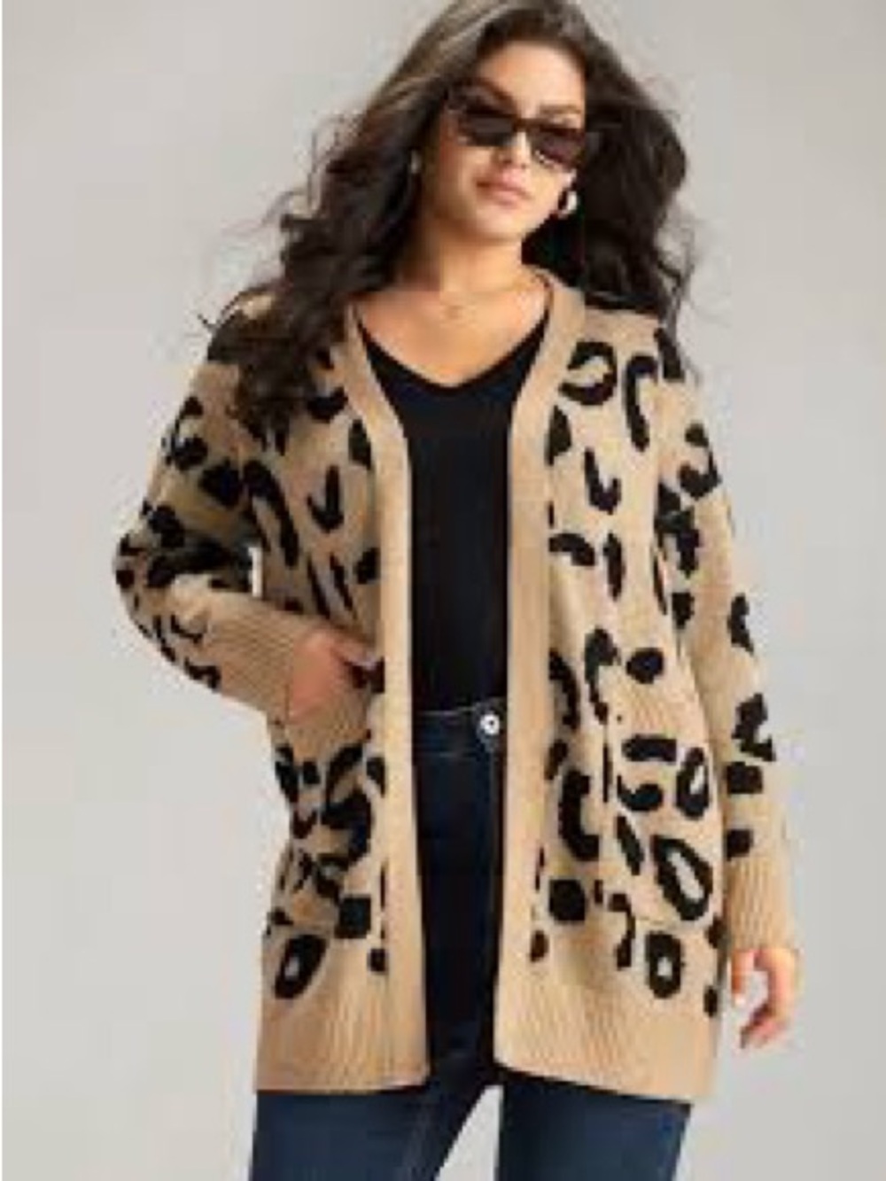 Beige Leopard Open-Front Cardigan Sweater
